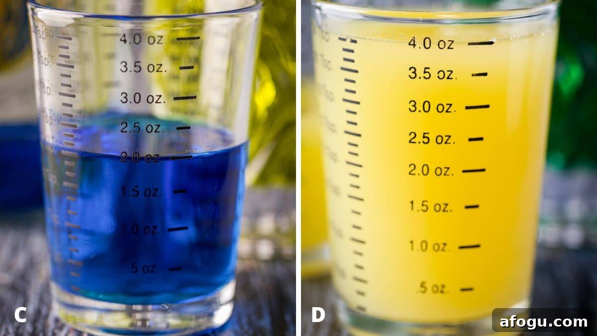 blue curacao and pineapple juice measured out