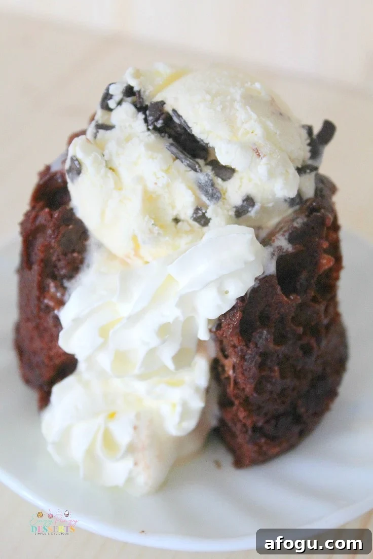 Image of Nutella mug cake served with a scoop of vanilla ice cream and whipped cream
