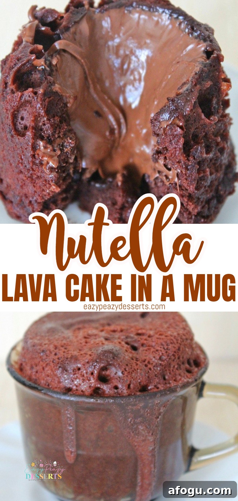 Photo collage of lava cake in a mug with Nutella