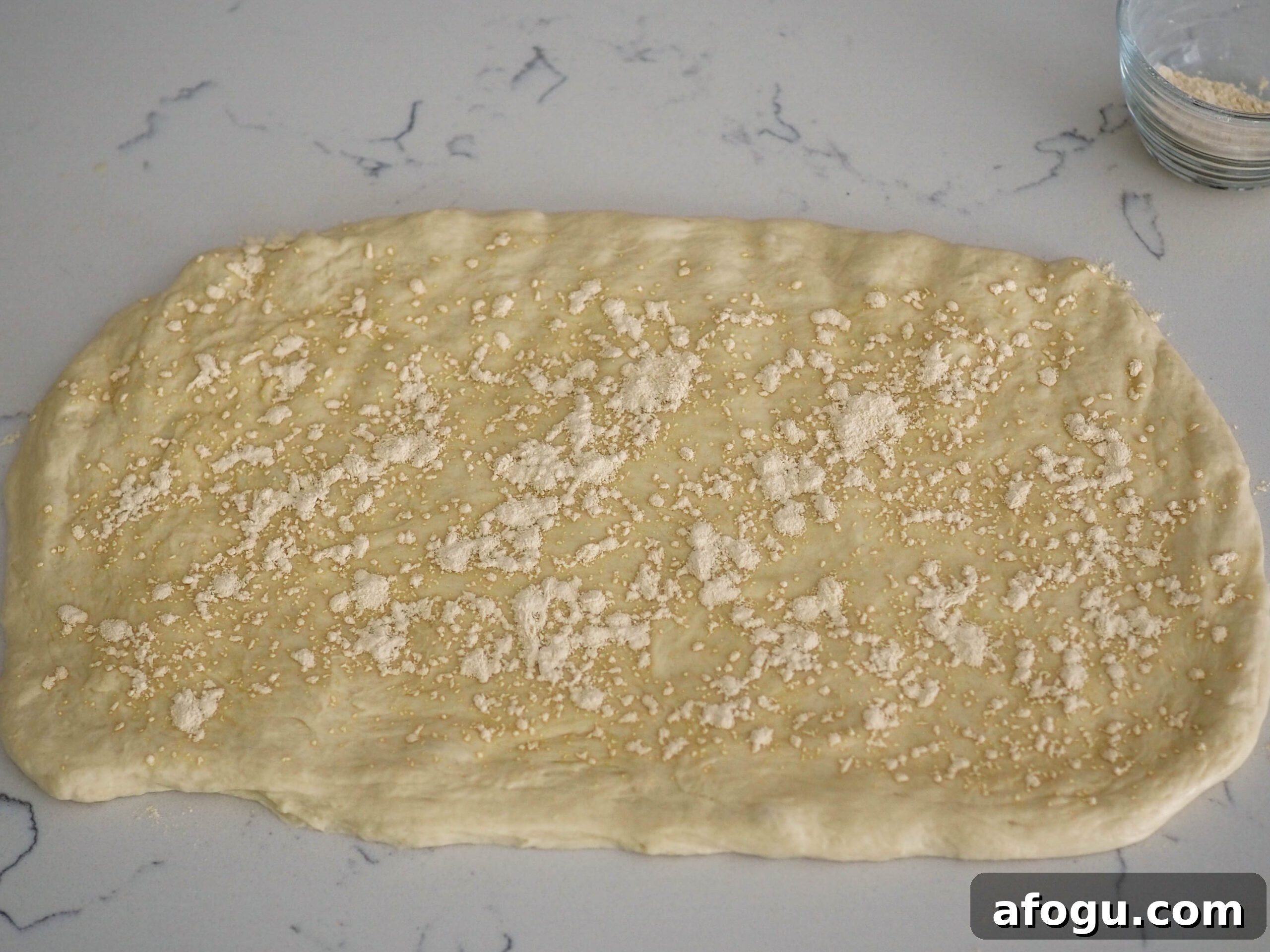A rectangle of French bread dough with garlic powder sprinkled unevenly on top of it.