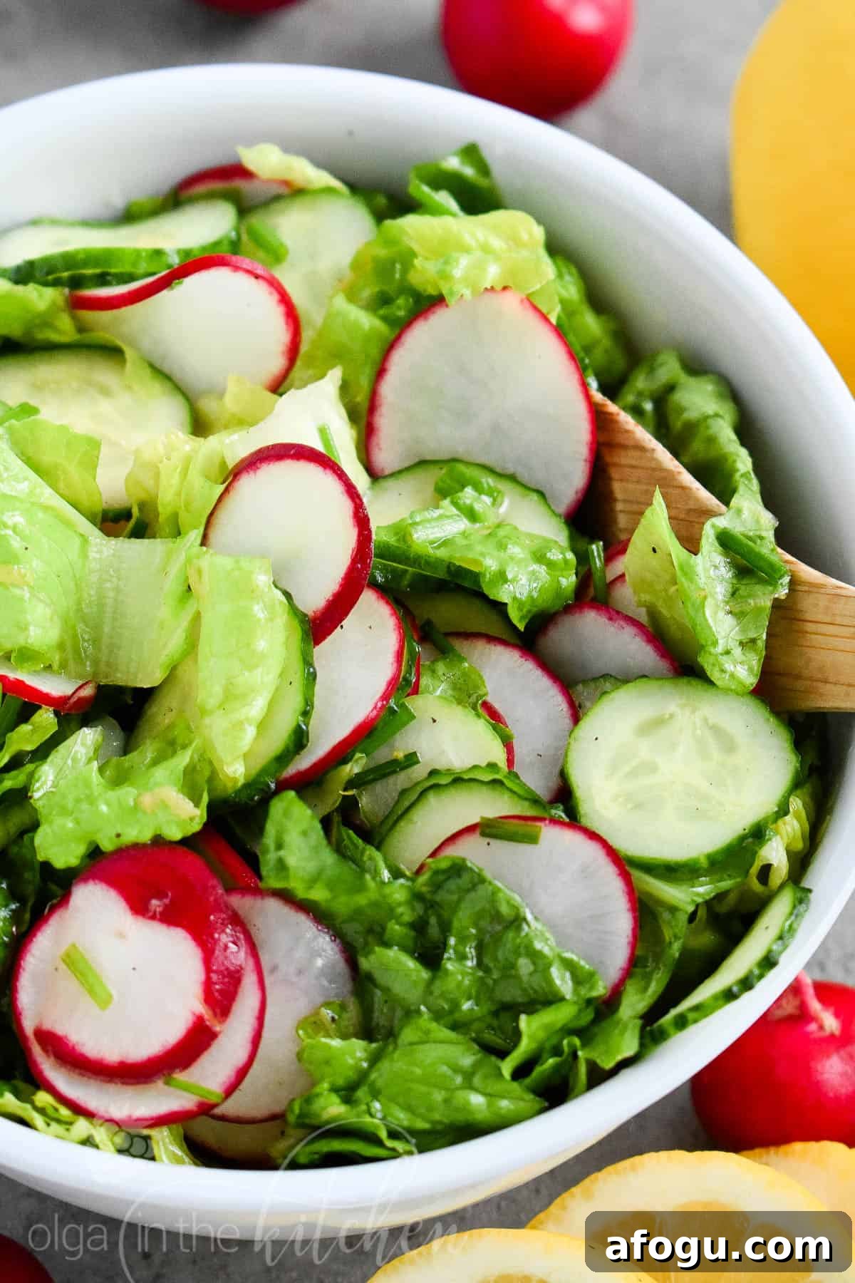 Prepared lettuce radish salad ready to serve