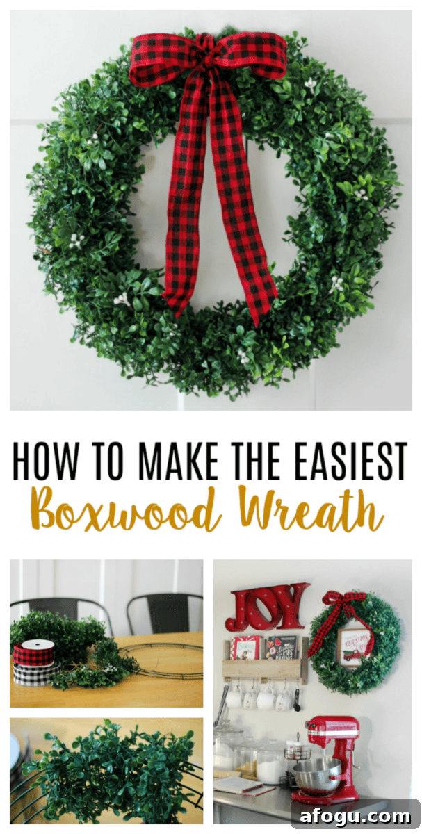 boxwood wreath with buffalo checked ribbon