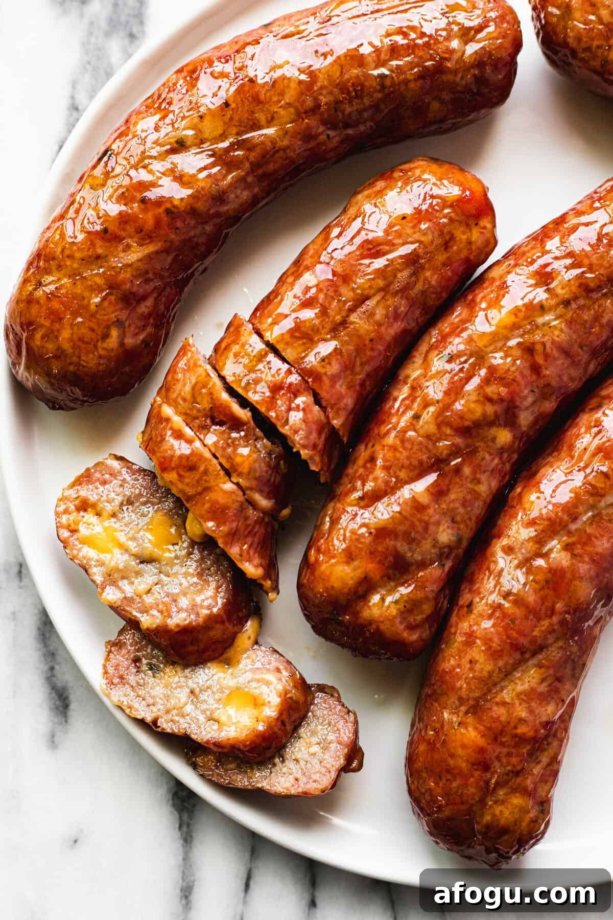 White plate with smoked cheddar jalapeno brats that are sliced.