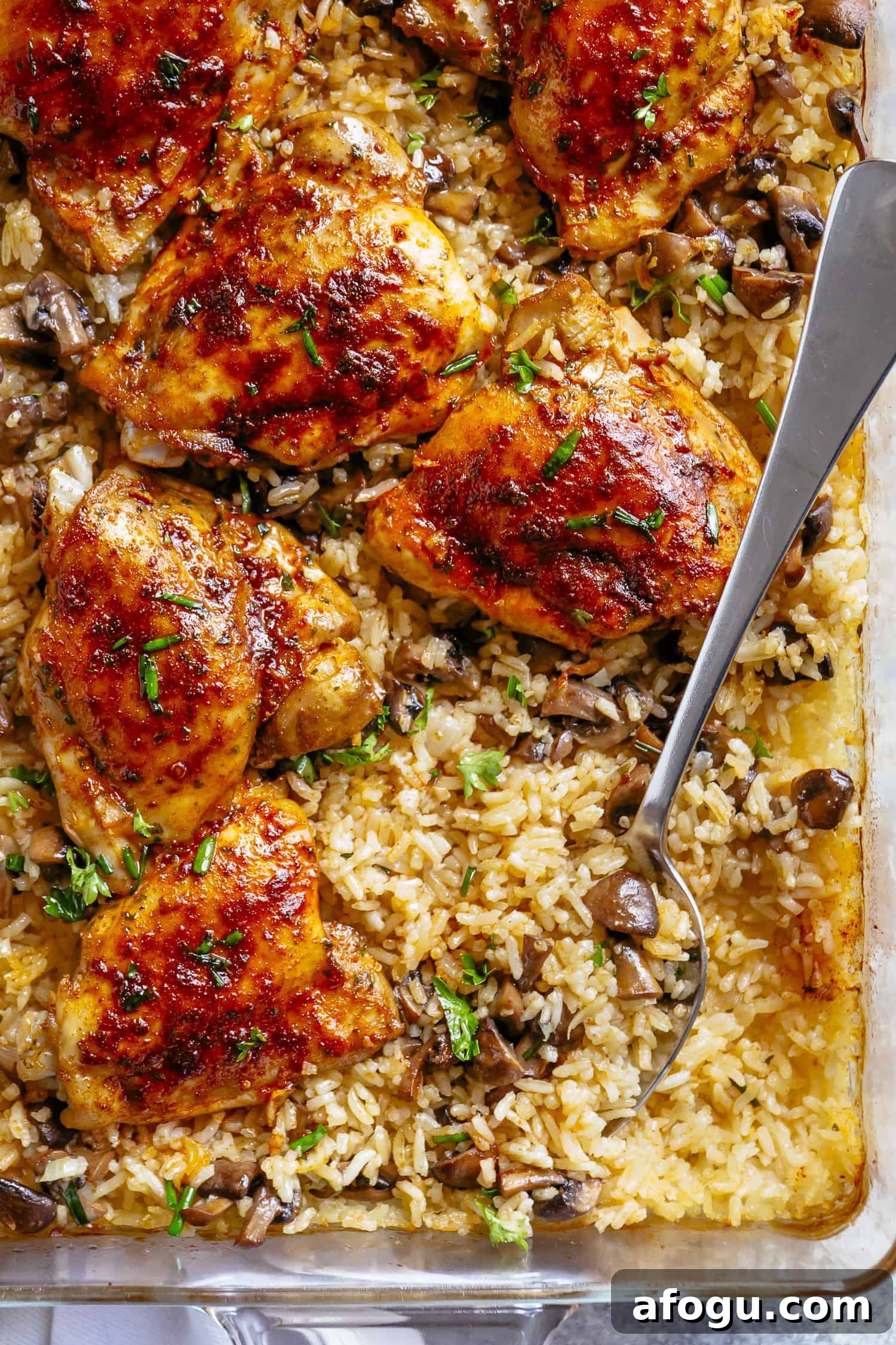 Crispy Oven-Baked Chicken with Garlic Rice Recipe 2 Top view of golden chicken thighs on a bed of yellow rice and mushrooms, topped with chopped fresh green herbs.