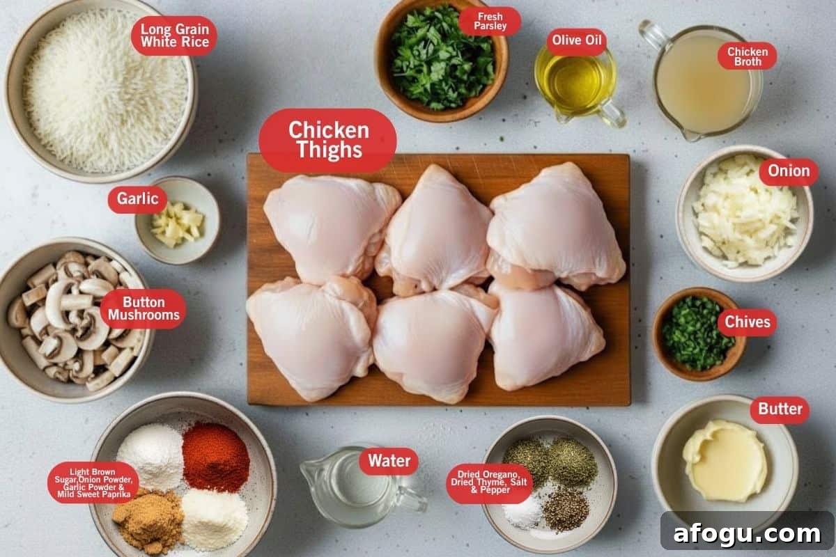 Crispy Oven-Baked Chicken with Garlic Rice Recipe 3 Ingredient shot of rice, parsley, mushrooms, garlic, olive oil, chicken broth, onion, chives, butter and seasonings.