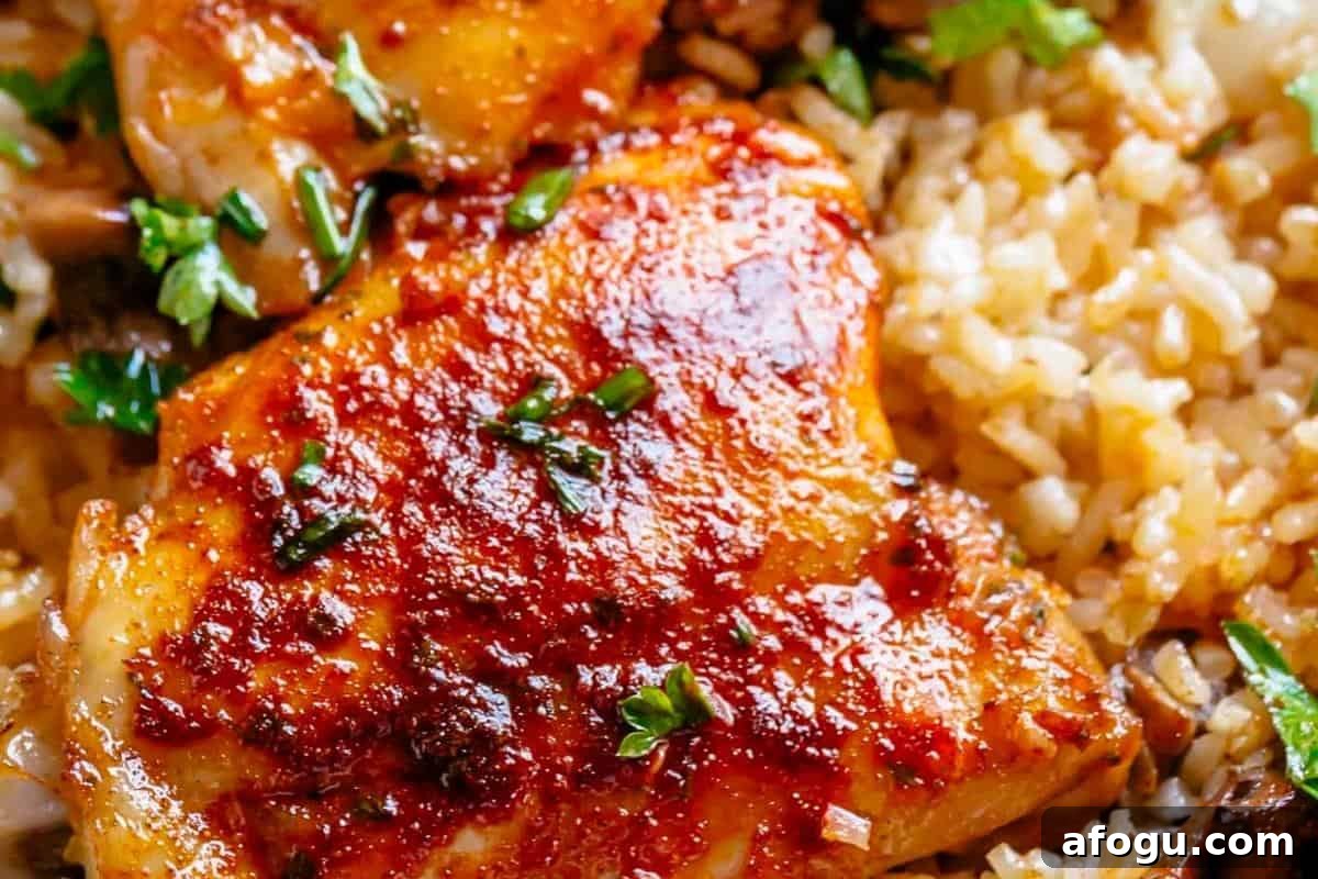 Crispy Oven-Baked Chicken with Garlic Rice Recipe 9 Serve rice with mushrooms and top with chicken thighs.