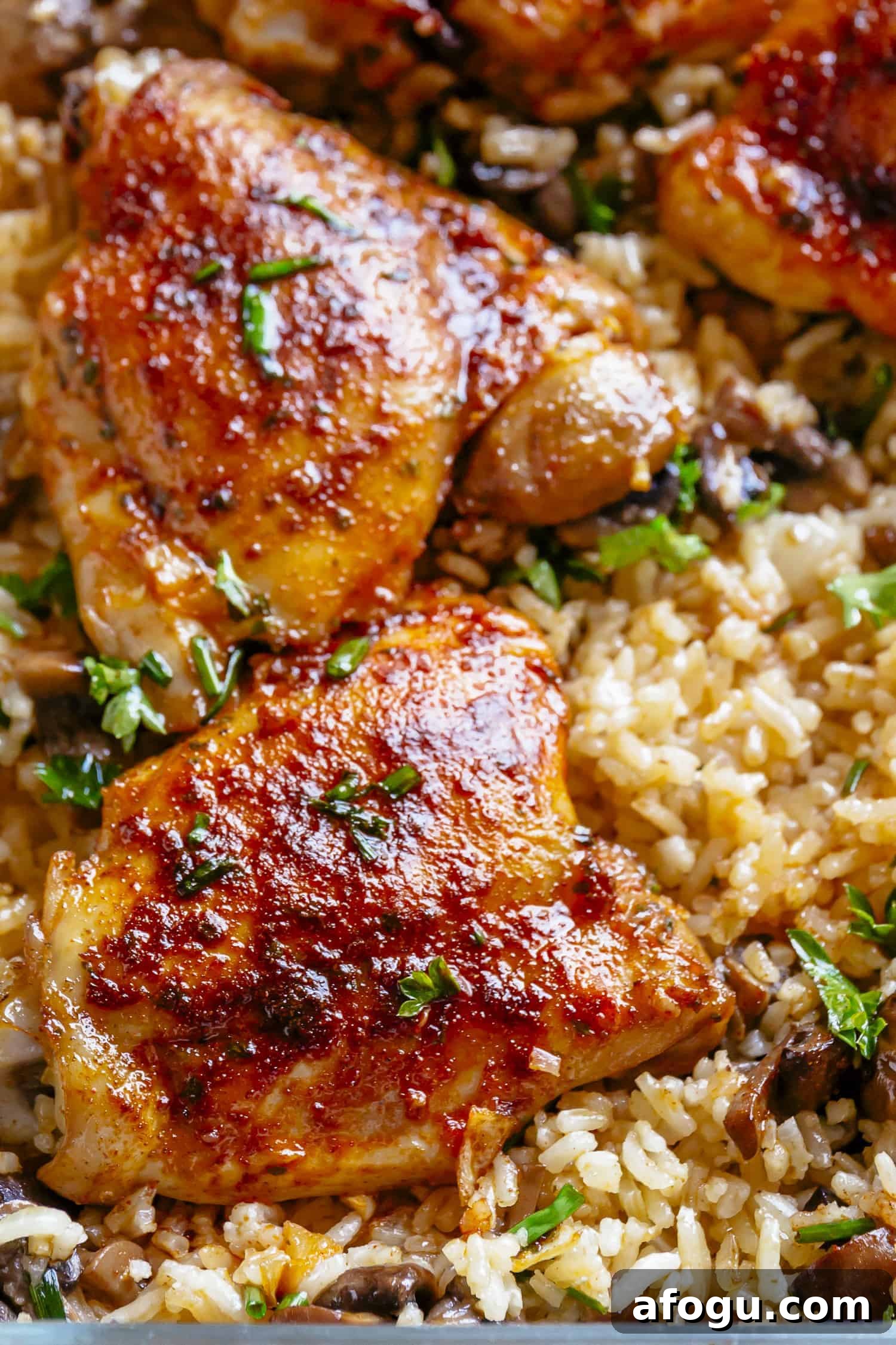 Crispy Oven-Baked Chicken with Garlic Rice Recipe 10 Close-up of crispy golden chicken on a bed of rice and mushrooms with fresh herbs.
