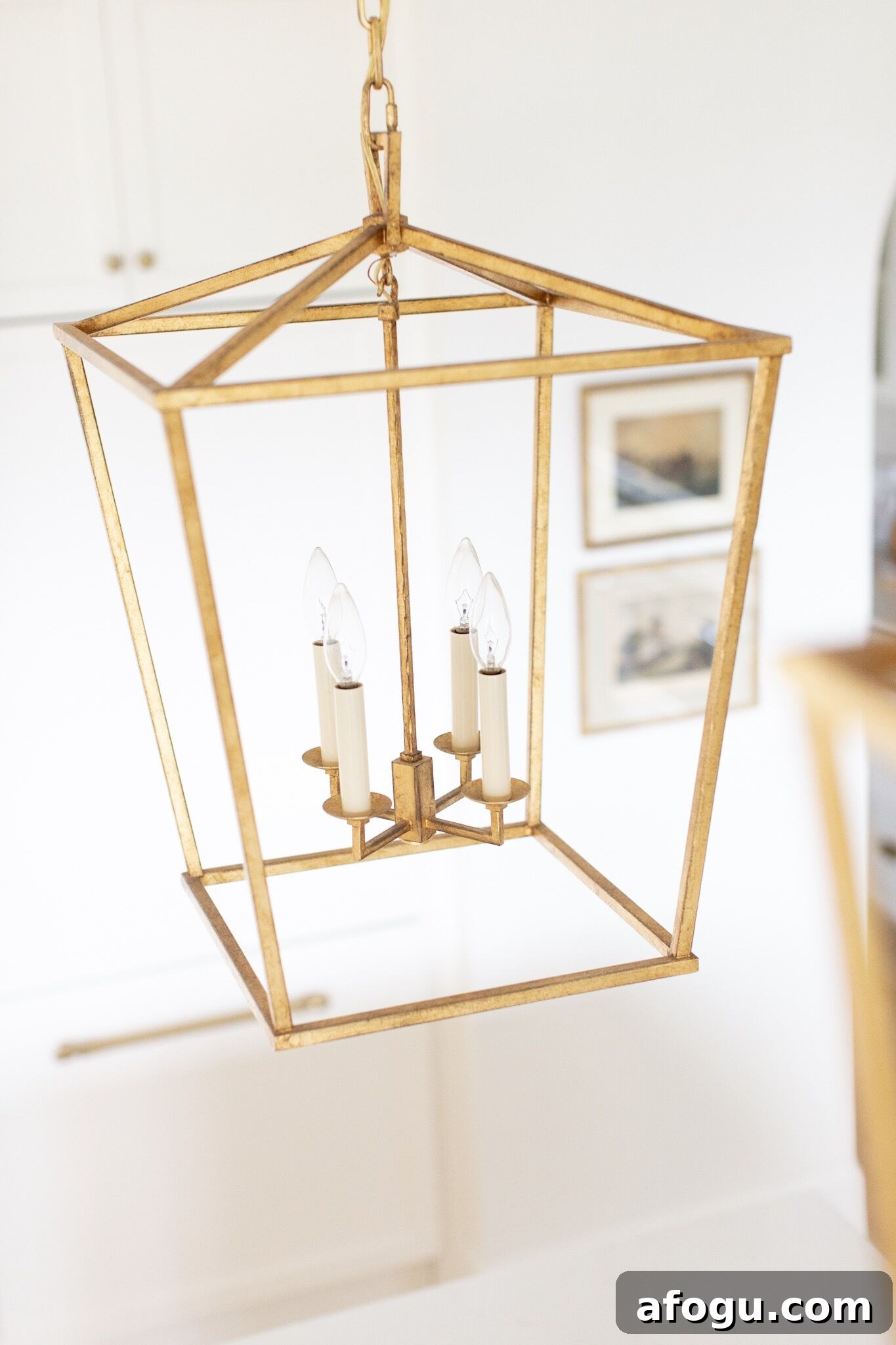 Fraiche Nutrition White Kitchen Reveal brass hardware and lantern lighting