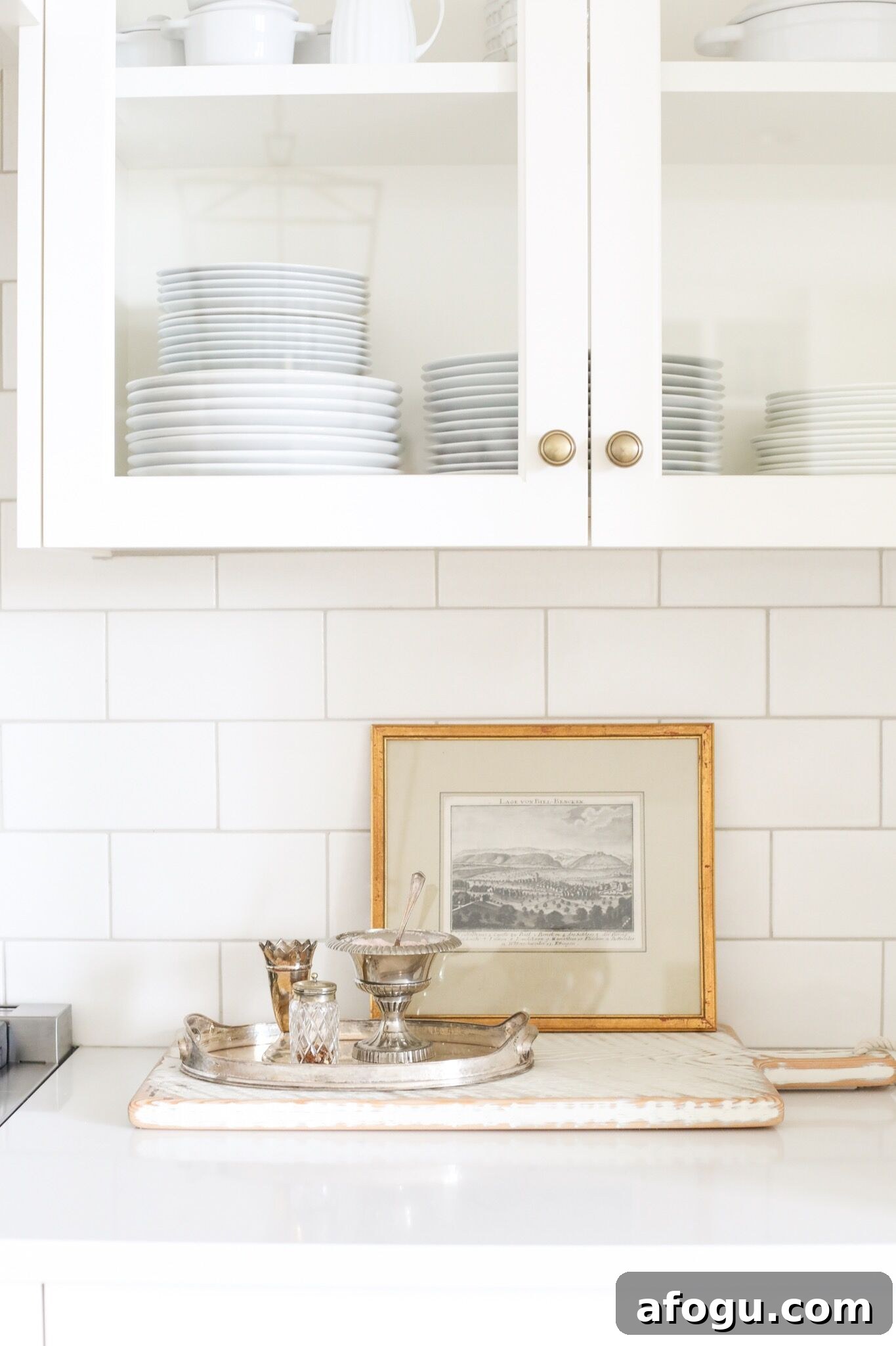 Fraiche Nutrition White Kitchen Reveal: brass antique French cup hardware
