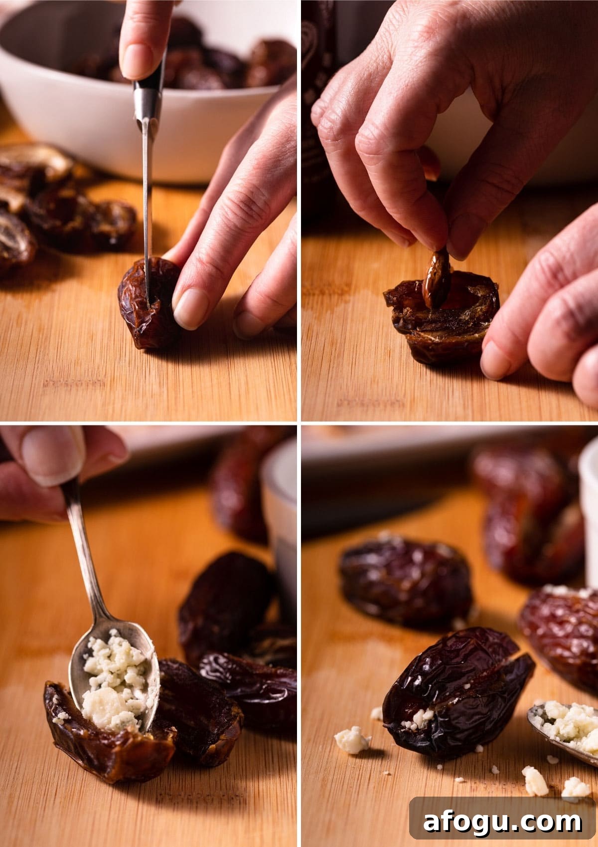 4 photo collage showing the process of removing the pit from a date and stuffing it with blue cheese