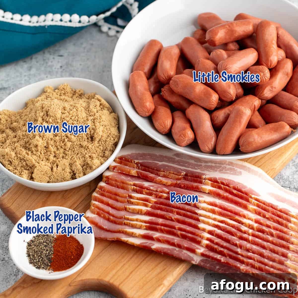 Ingredients for making smokies wrapped in bacon.