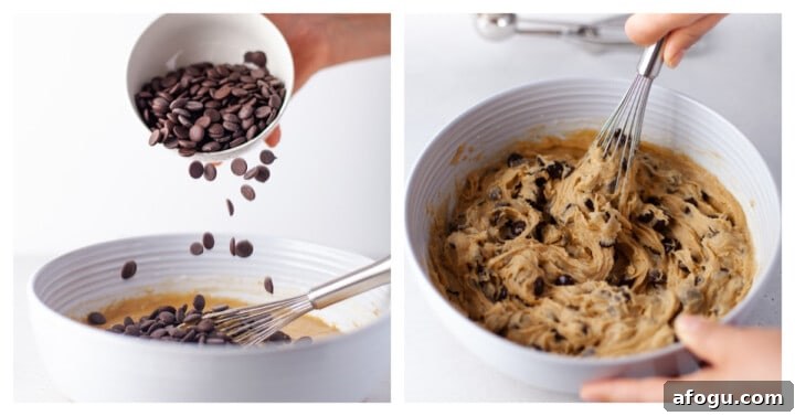 adding chocolate chips to the dough