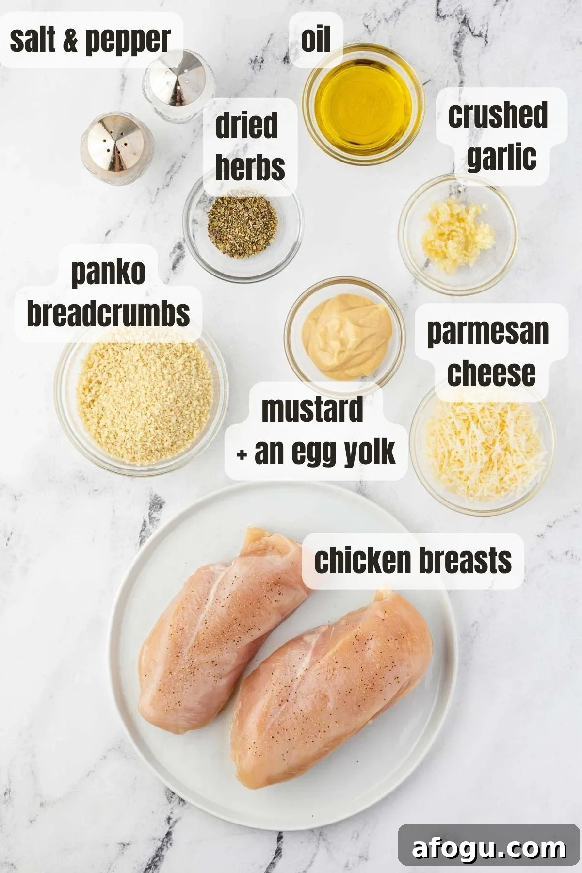 Crispy Panko Chicken with Dijon Mustard and Parmesan 3 An overhead collage of all the ingredients needed to make panko chicken with mustard and parmesan including 2 chicken breasts, mustard and an egg yolk, salt and pepper, panko breadcrumbs, parmesan cheese, dried herbs, crushed garlic and oil for cooking.