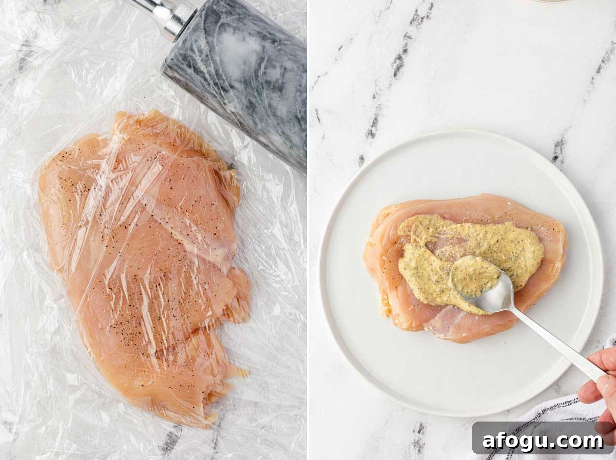 Crispy Panko Chicken with Dijon Mustard and Parmesan 4 Collage of 2 images showing a chicken breast with a piece of plastic wrap over the top and then someone smearing mustard mixture over the top of the breast on a white plate on marble background.