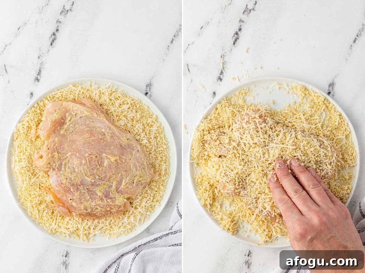 Crispy Panko Chicken with Dijon Mustard and Parmesan 5 A collage of 2 images showing a chicken breast with mustard on it being pressed into panko crumbs and parmesan and then someone pressing the crumbs onto the other side.