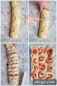 Prep image showing how to cut strawberry rolls.