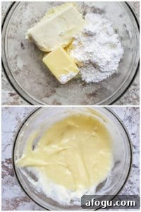 Prep image showing cream cheese icing being made in a glass bowl.