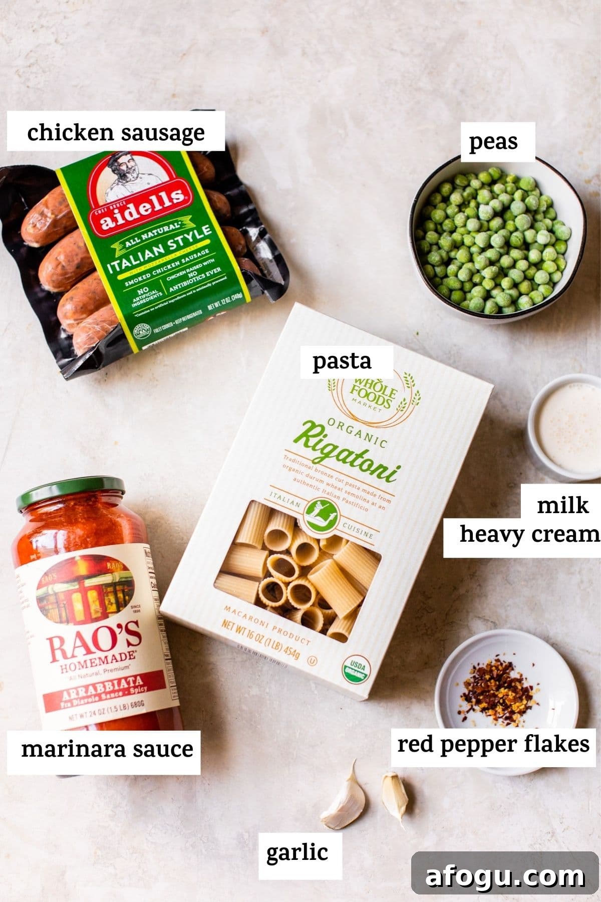 Creamy Italian Chicken Sausage Pasta with Sun-Dried Tomatoes 3 pasta ingredients on a table