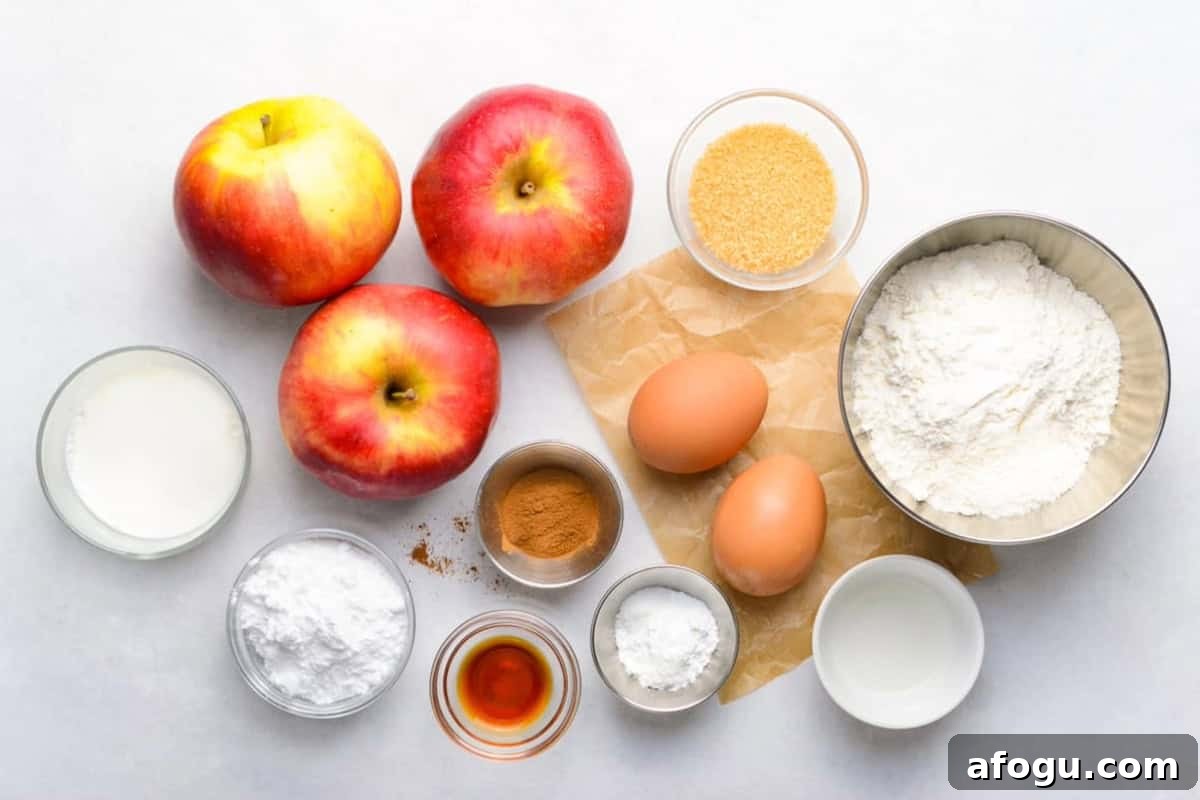 measured ingredients for apple fritters in individual bowls.