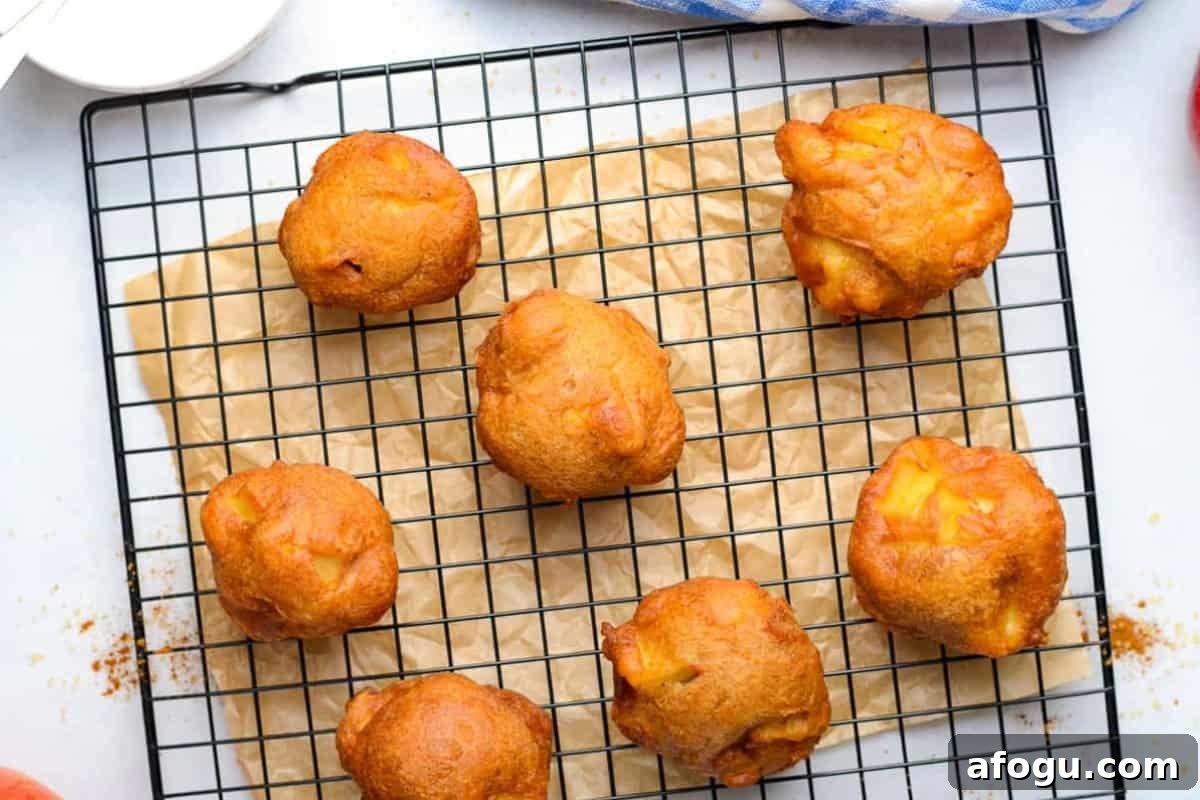 seven freshly-fried apple fritters draining on a wire rack over baking paper.