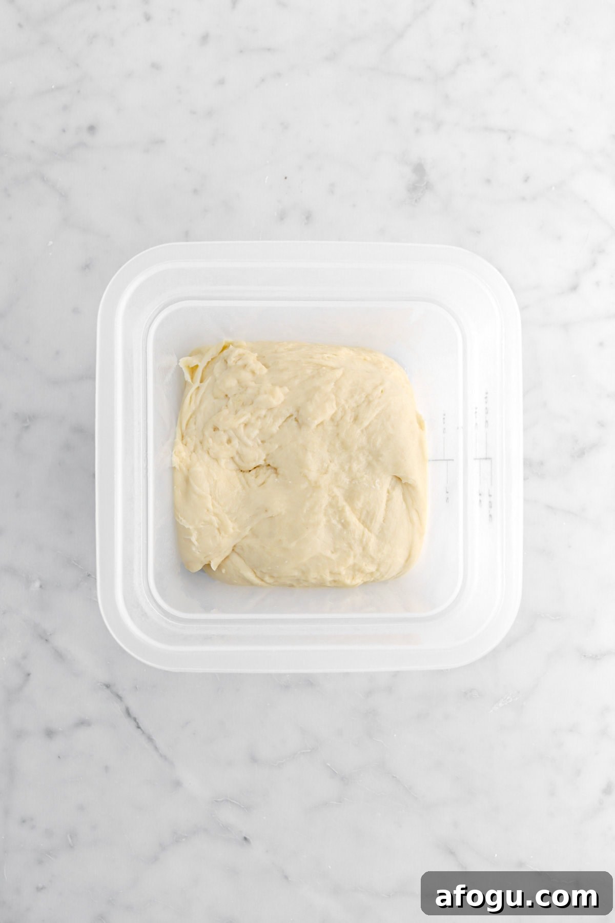 dough in square plastic container.