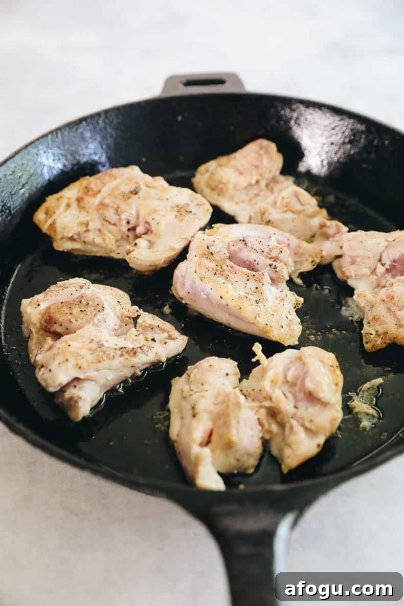 Cilantro Lime Chicken and Rice Recipe — One-Pot Dinner 3 cooked chicken thighs in a cast iron