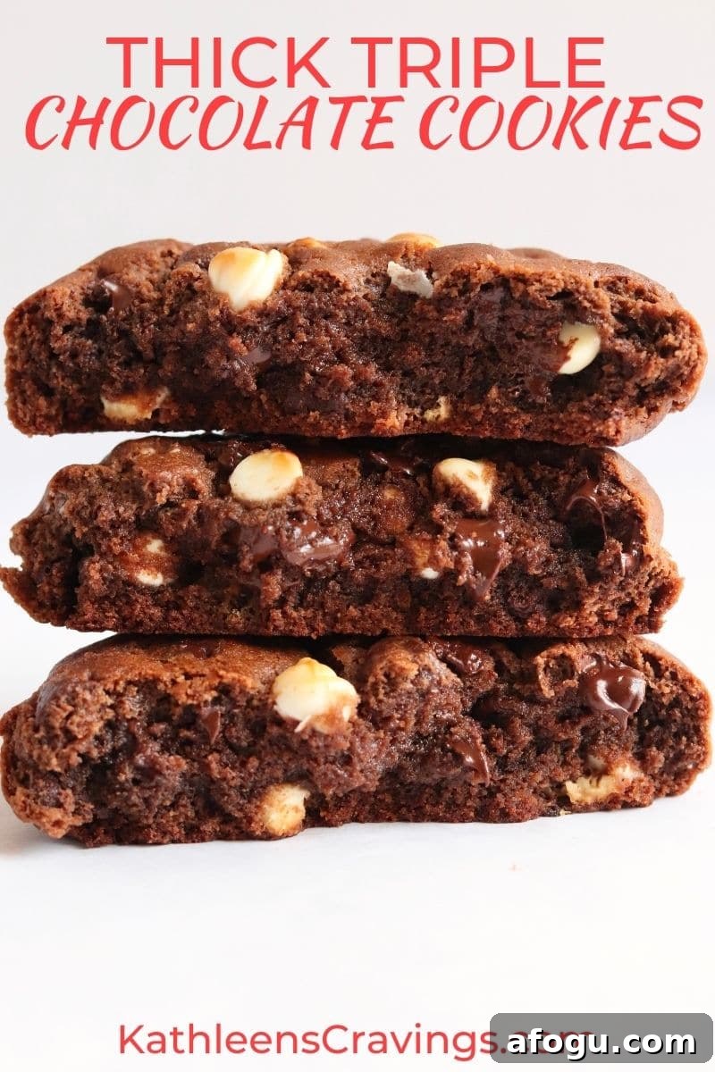 Stack of thick, giant, triple chocolate cookies