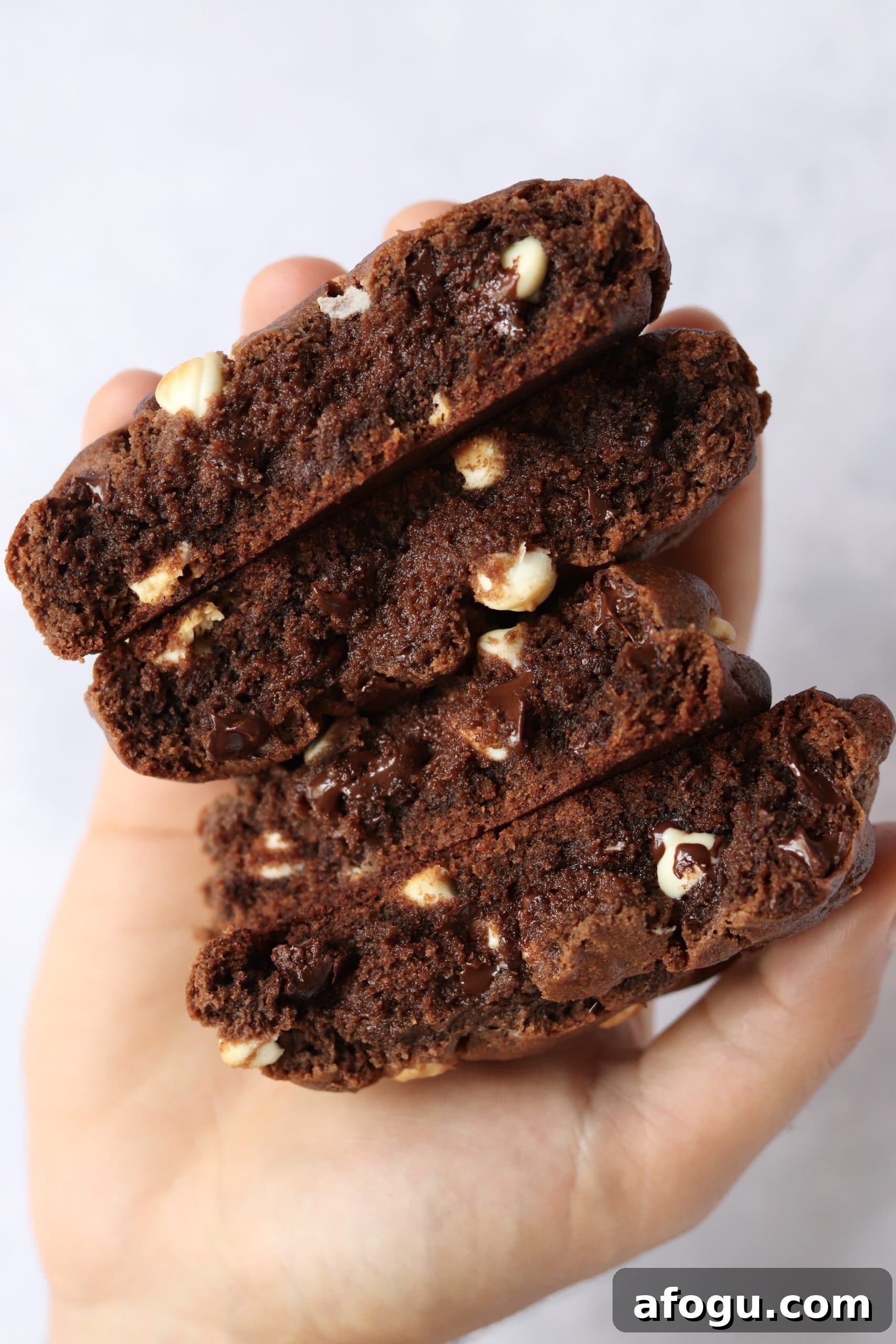 Hand holding two triple chocolate cookies that have been torn in half to show the gooey chocolate center