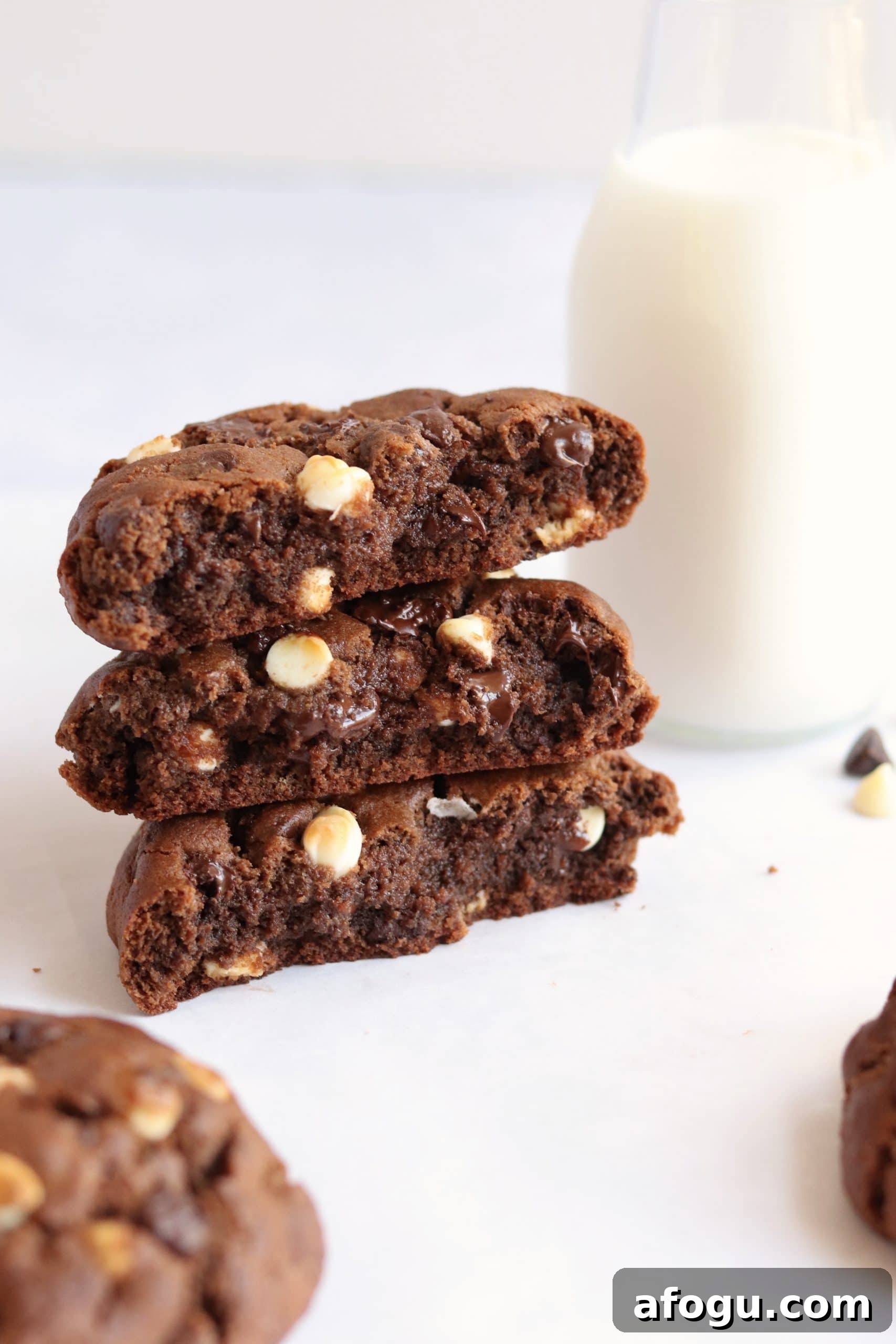 Stack of triple chocolate cookies with a glass of milk