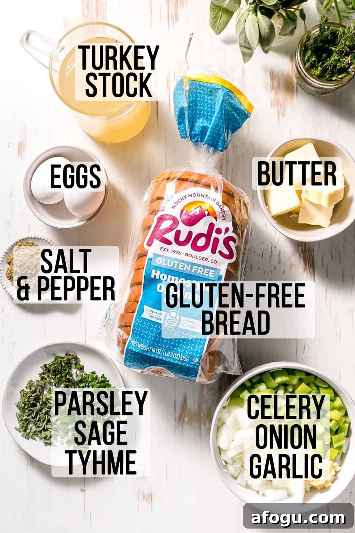 Ingredients needed for gluten-free stuffing measured out in bowls on wooden surface.