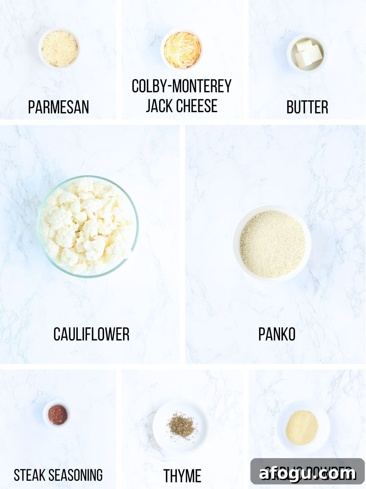 Creamy Cauliflower and Cheese Casserole Recipe 2 Collage of ingredients needed to make mashed cauliflower and cheese casserole.