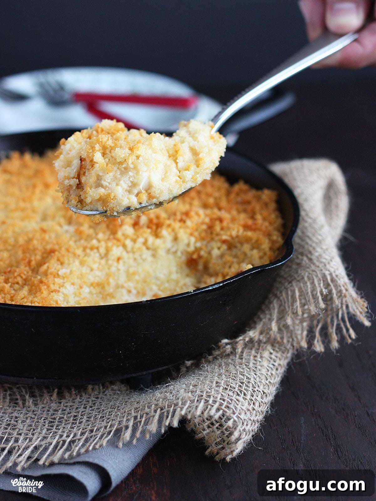 Cheese and cauliflower gratin is a tasty substitute for mashed potatoes. It is garlicky, buttery, cheesy, and the crispy breadcrumb topping adds a yummy crunchy texture. Hand dishing up a serving of baked cauliflower gratin.