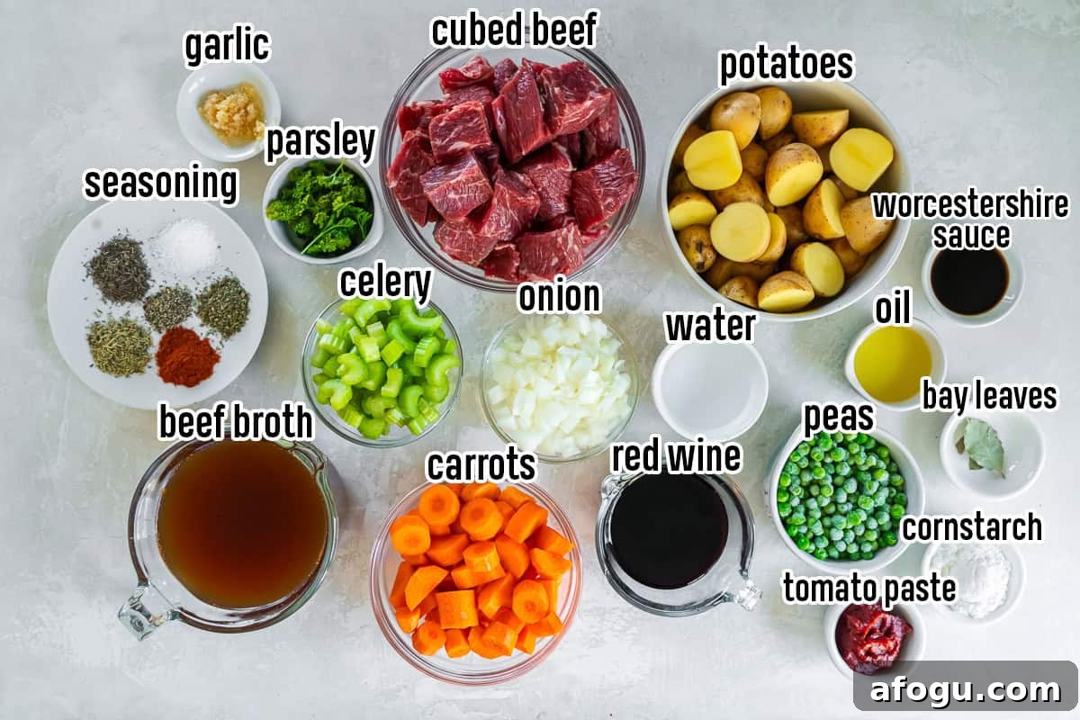 Cubed beef, potatoes, carrots, and other beef stew ingredients in bowls with text overlay.