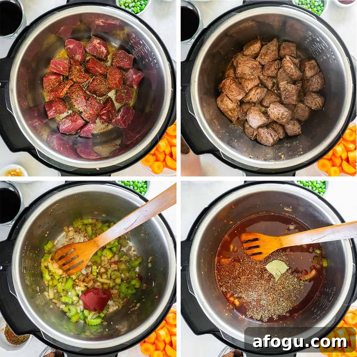 Four images of beef stew ingredients being added to an Instant Pot.
