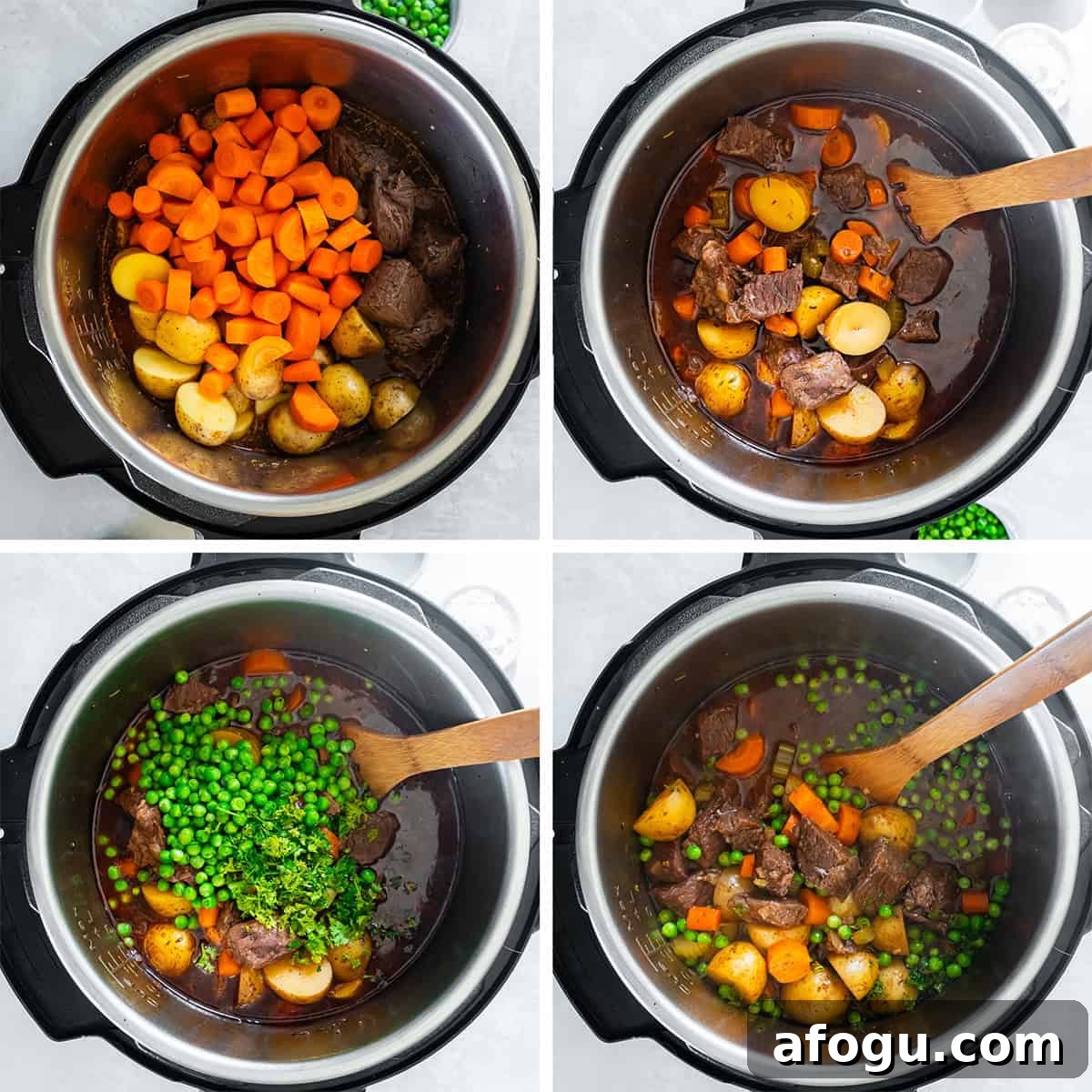 Four images of carrots, potatoes, parsley and peas being added to beef stew in an Instant Pot.