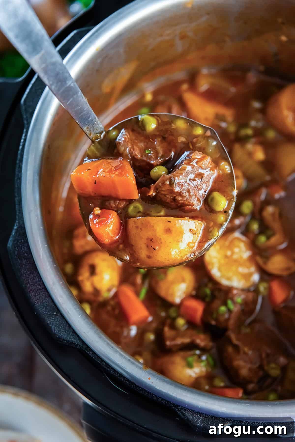 A ladle full of beef stew hovering above an Instant Pot.