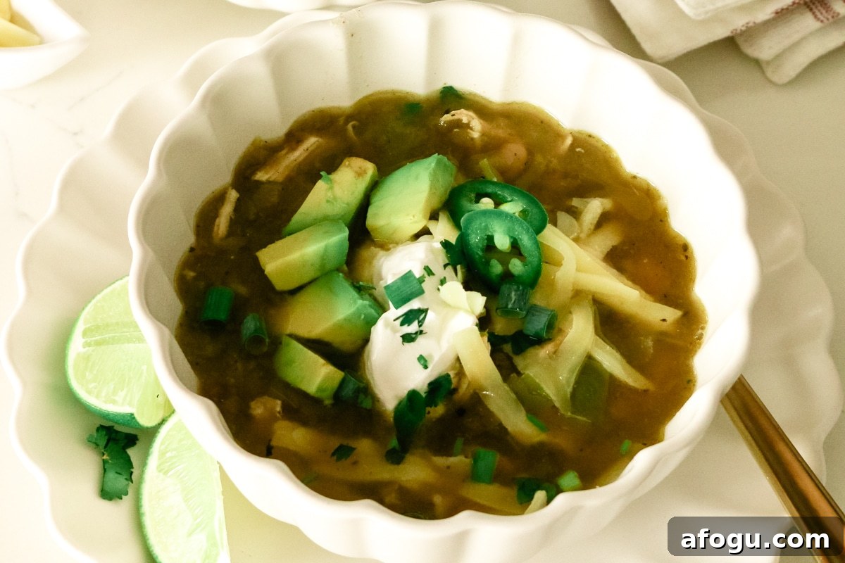 white chicken chili served in a bowl.