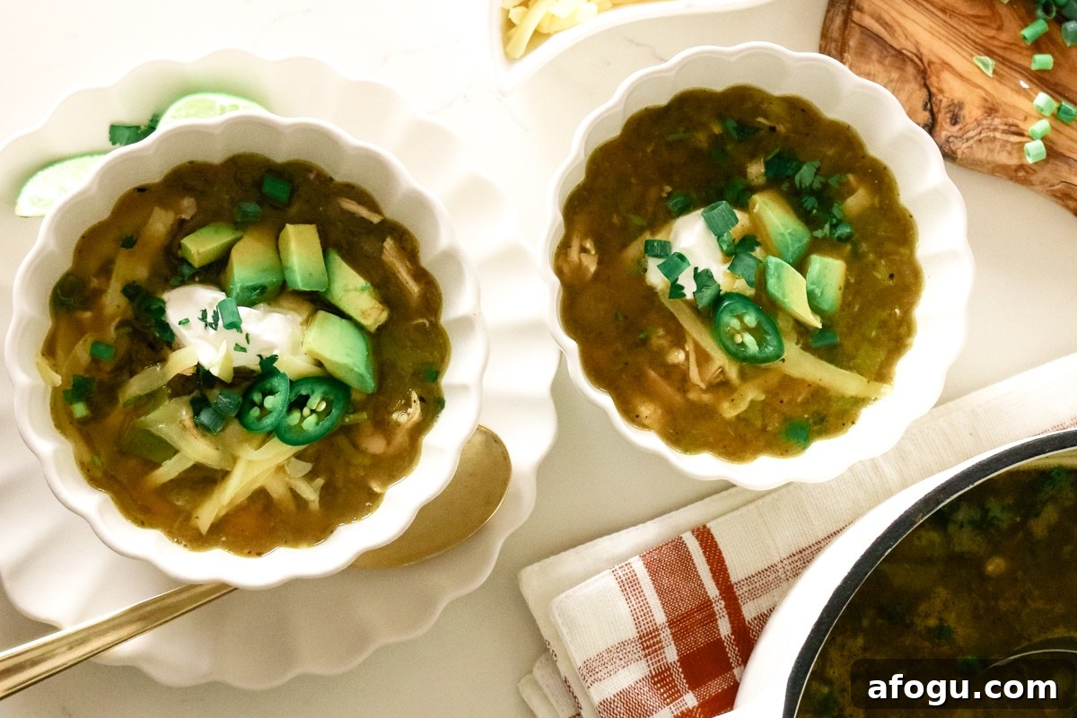 white chicken chili served in a bowl.