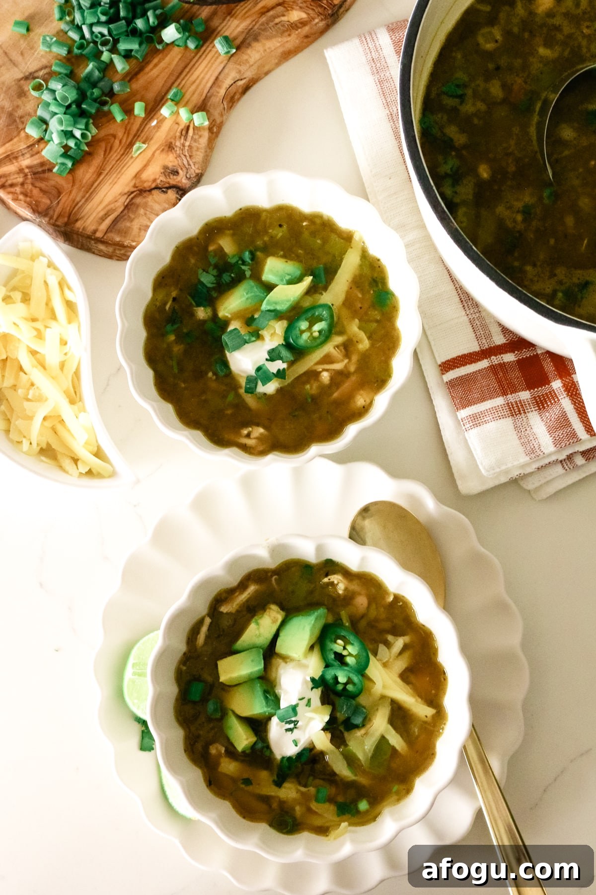 white chicken chili served in a bowl.