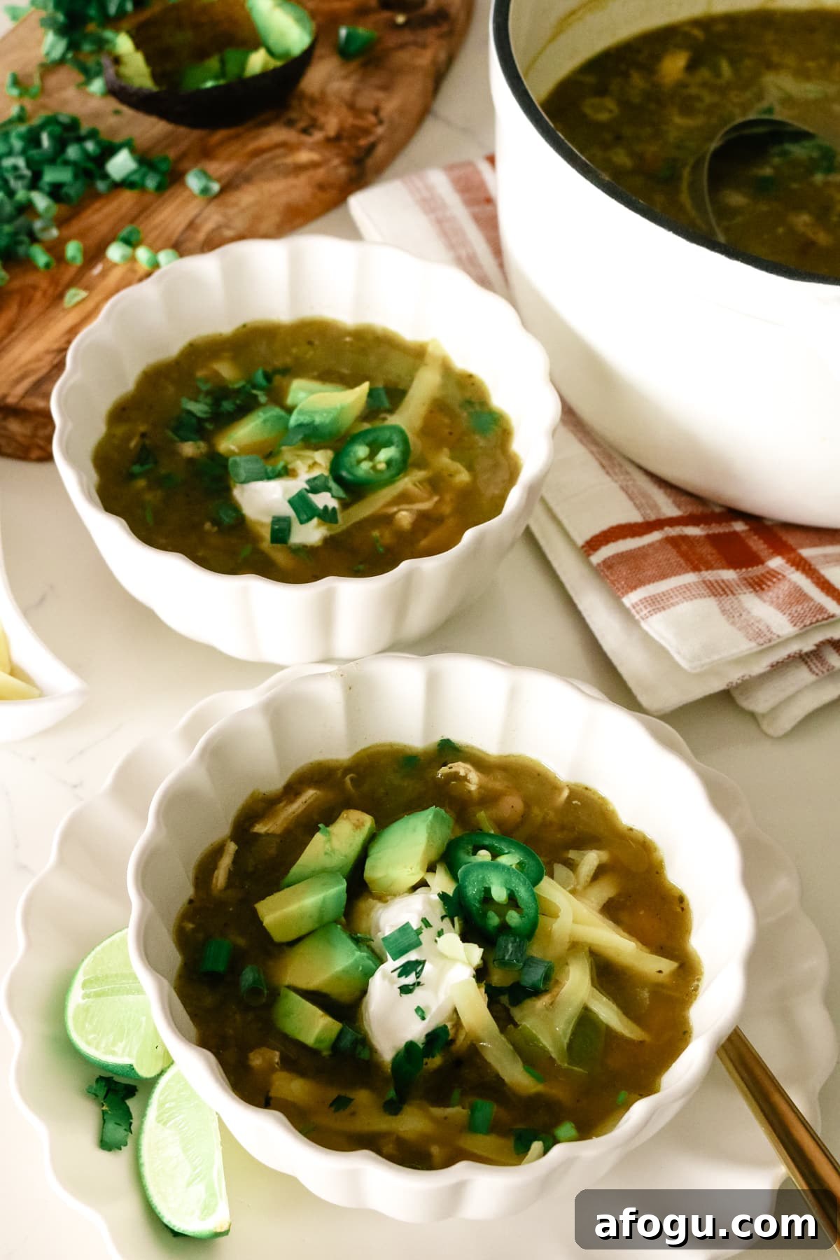 white chicken chili served in a bowl.