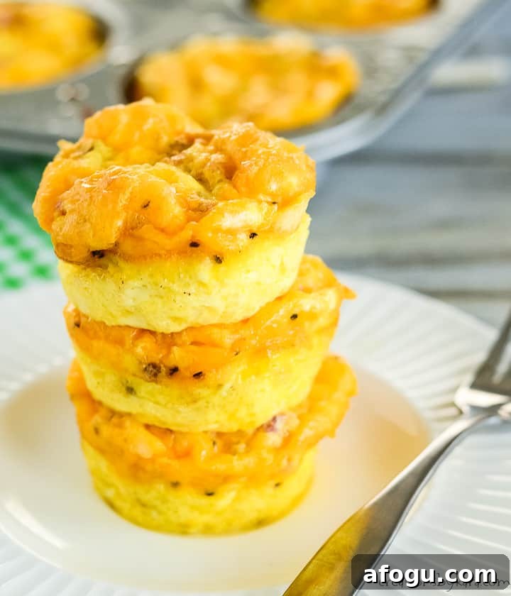 Egg Muffin Cups are the perfect breakfast food! These are packed with ham and cheese, so kids love 'em. They are freezer friendly, and taste incredible! plate with a stack of egg muffin cups with ham and cheese, muffin tin in the background