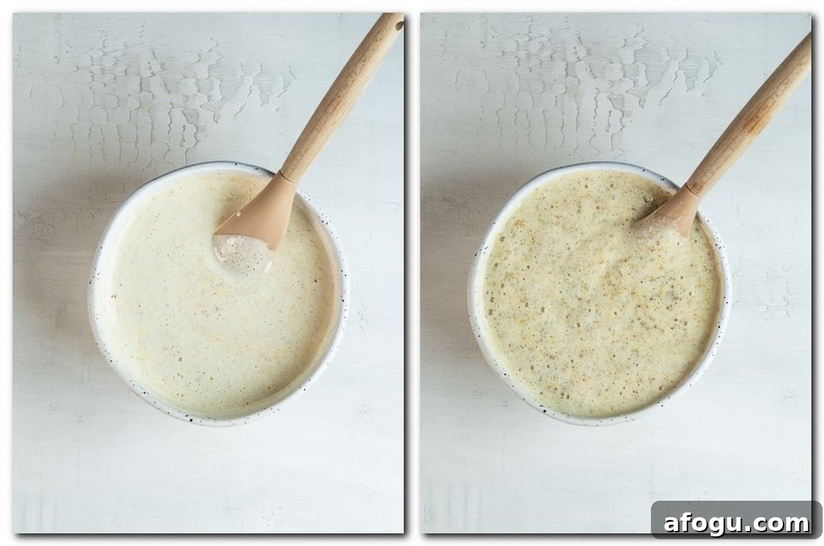 Photo 1: Egg yolk pistachio mixture in a bowl Photo 2: Cake batter in a bowl 