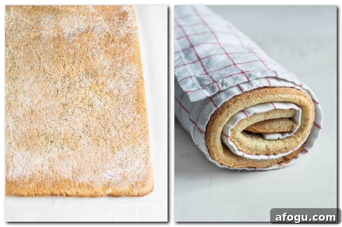 Photo 3: Baked cake on parchment paper Photo 4: Cake rolled in a towel .
