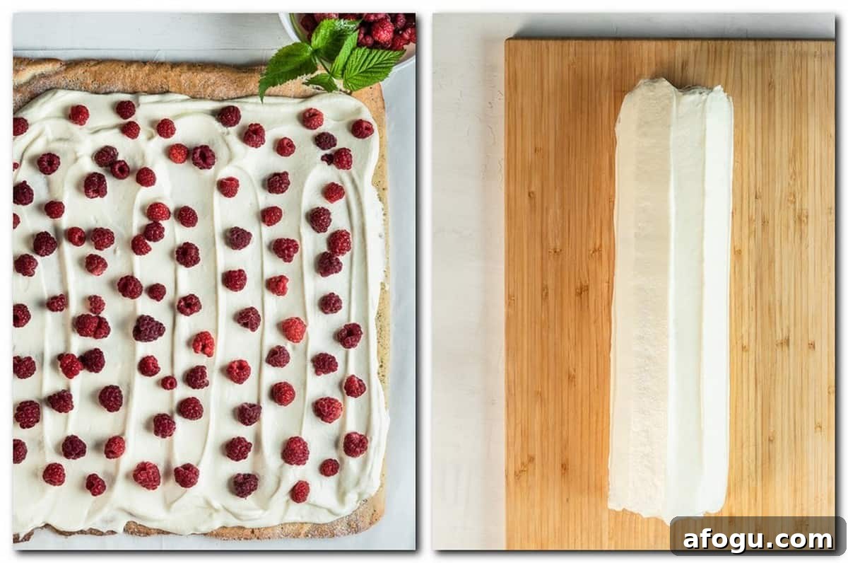 Photo 7: Raspberries over the cream and sponge Photo 8: Roll cake covered with cream 