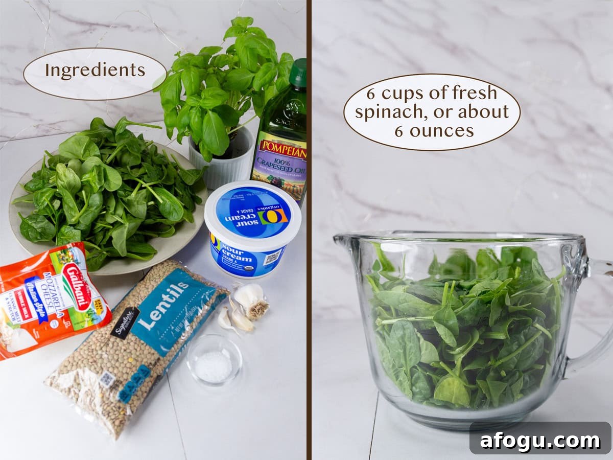 spinach filling ingredients on left and measuring spinach in a glass measuring cup on right.
