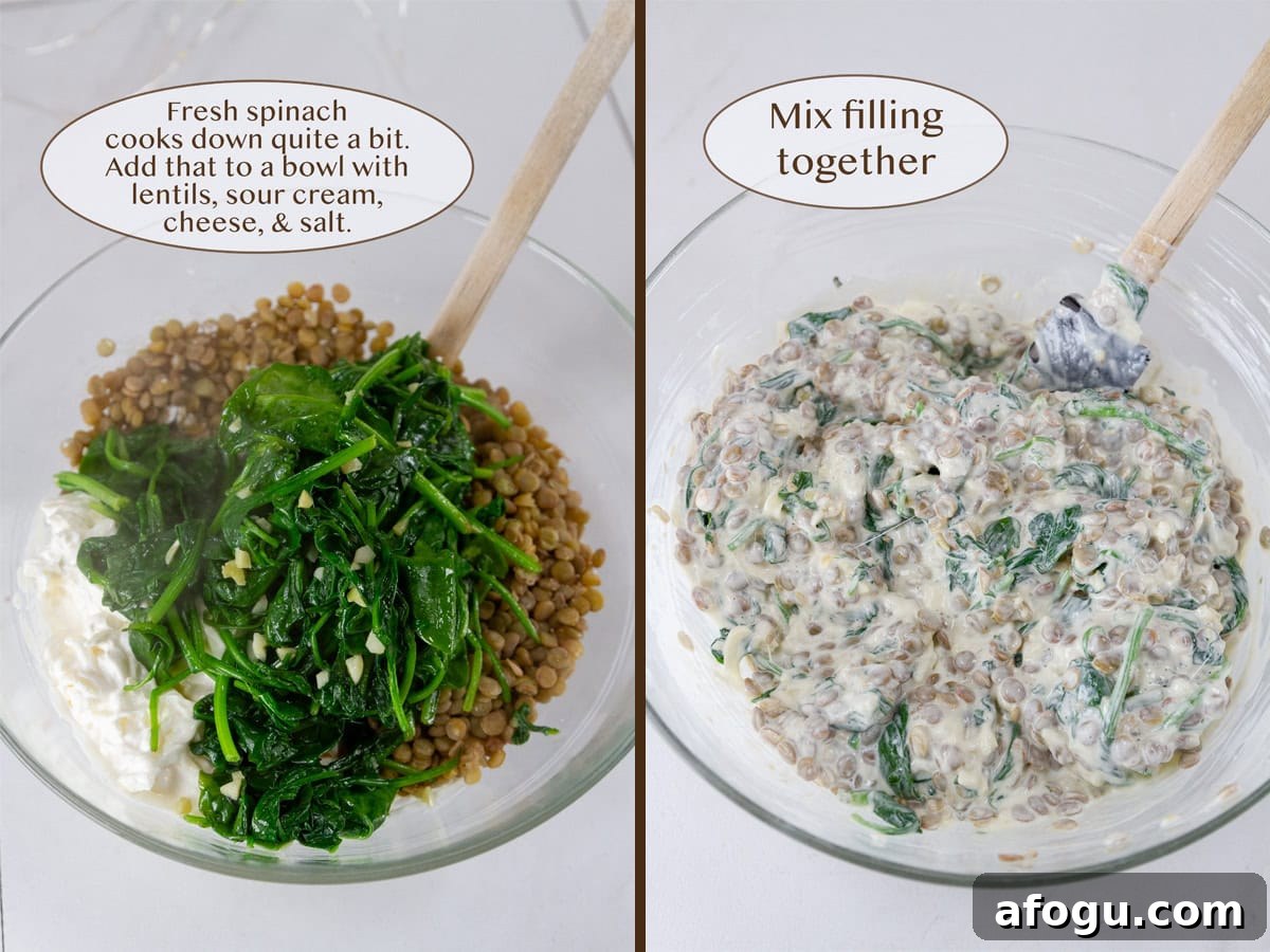 cooked spinach in a bowl with lentils and sour cream on left and all mixed together on right.