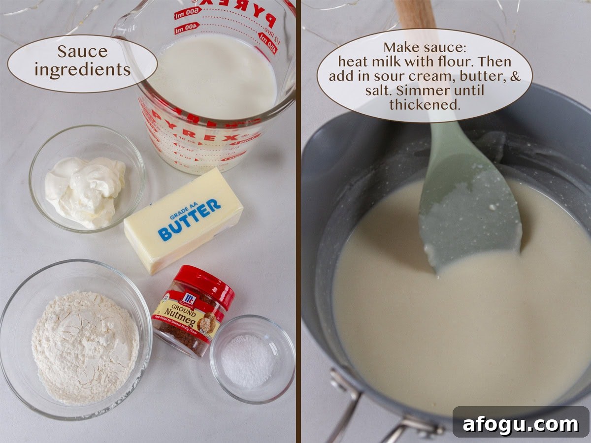 sauce ingredients on left and cooked sauce in a pan on right.