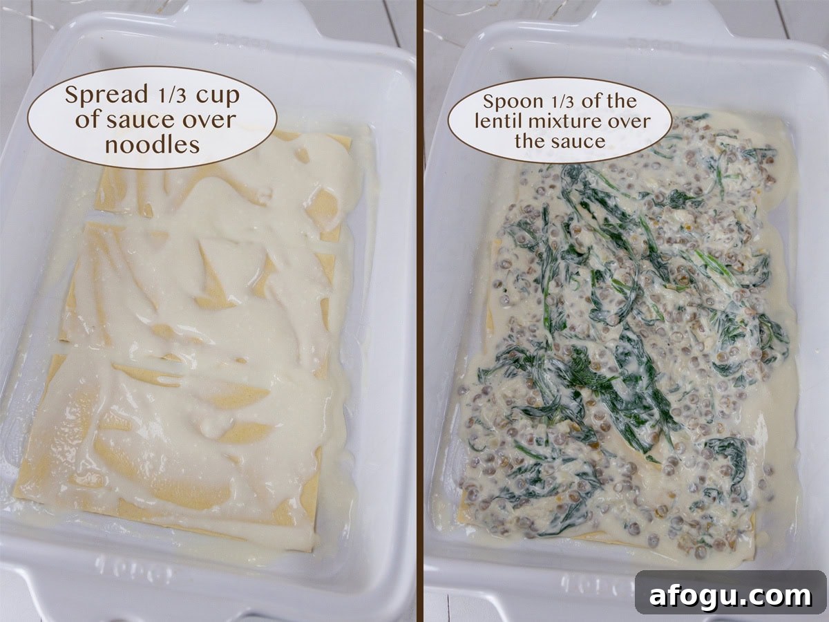 sauce on the noodles on left and topped with spinach lentil filling on right.