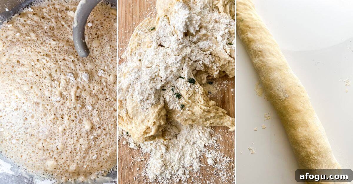 Three stages of bread making: frothy yeast mixture, dough with flour on a board, and rolled dough ready for shaping—perfect steps.