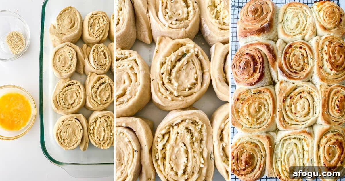 Three images show the process of making pull apart pizza bread: unbaked dough in a pan, close-up of shaped rolls, and finished golden rolls with herbs on a cooling rack.